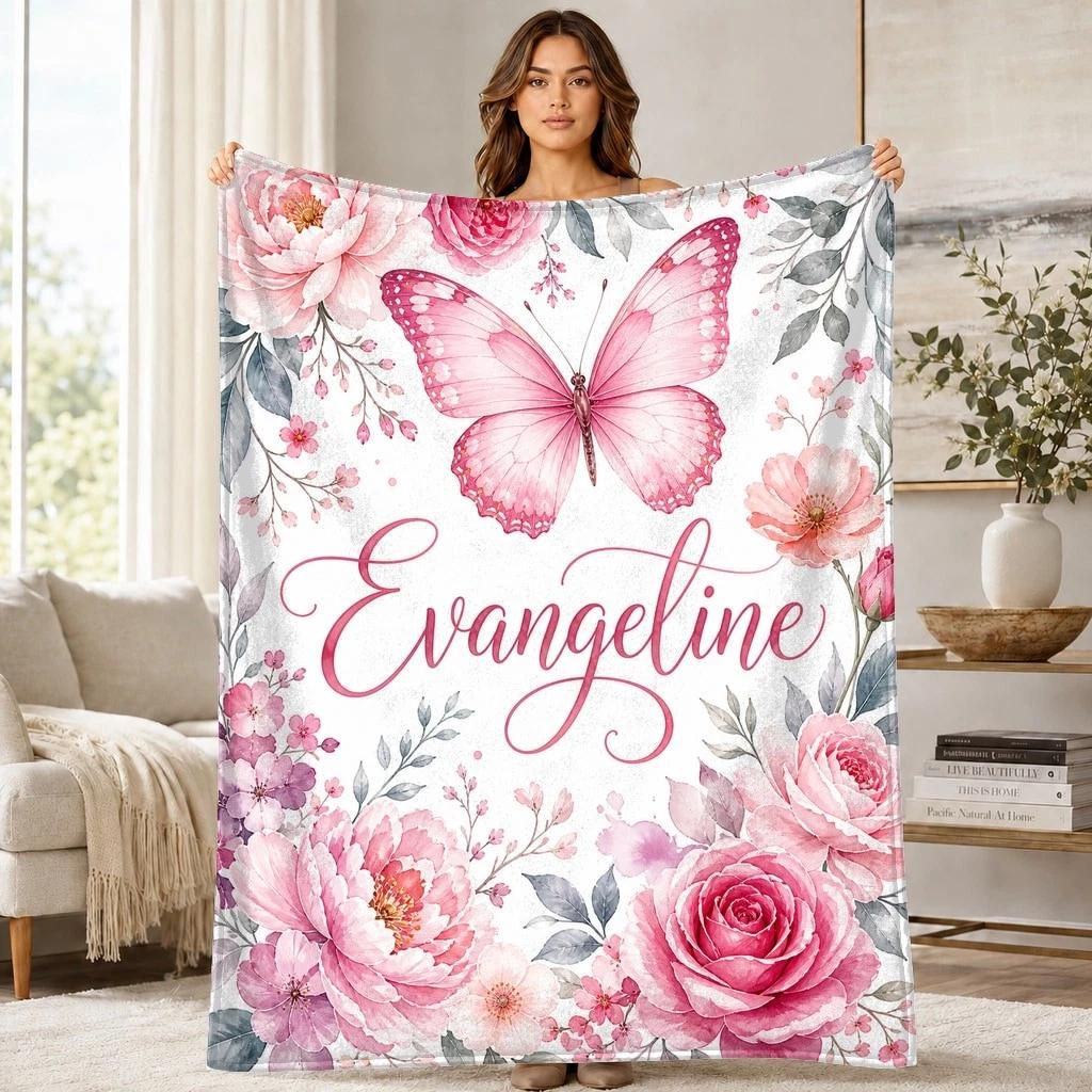 Floral Butterfly Coral Fleece Blanket