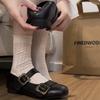 Black retro round head inner height increase flat bottom shallow mouth single shoes women's 2025 new autumn versatile French Mary Jane shoes