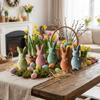 Spring Decor Foam Flocked Rabbit Figures with Bow Solid Color Easter Bunny Statue Plush 3D Standing Bunny Sculpture Garden Decor