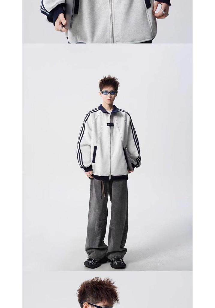 Unisex American Color Block Striped Hoodie, Heavyweight Baseball Jacket-Style Cardigan for Spring/Autumn