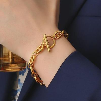 18K Gold-Plated Titanium Hip-Hop Chain Bracelet for Women - Stainless Steel OT Buckle, Trendy European & American Style, Couples Design