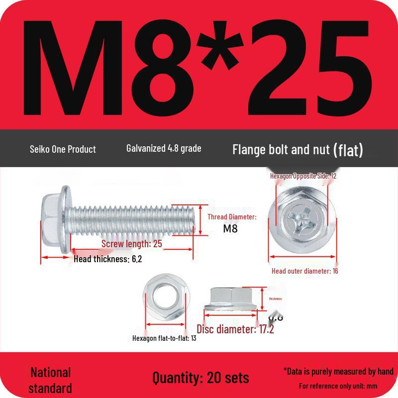 4.8 Grade Galvanized Hex Bolt Set with Anti-slip Washer & Nut, Cross Flange Head, M4/M5/M6/M8mm