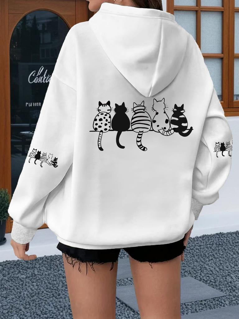 Soft Warm Women Loose Hooded Sweatshirt Cute Sitting Cat Group Back Sleeve Graphic Print Street Daily Casual Hoodie