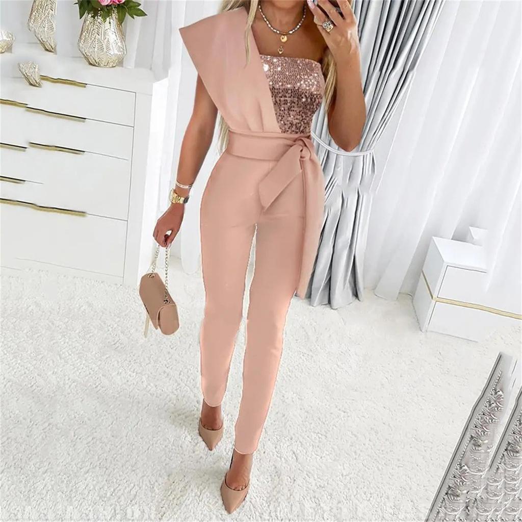 Salopetă elegantă dintr-o bucată, slim fit, pentru femei, cu panou paietat și talie marcată de curea, design patchwork fără mâneci, pentru ocazii formale