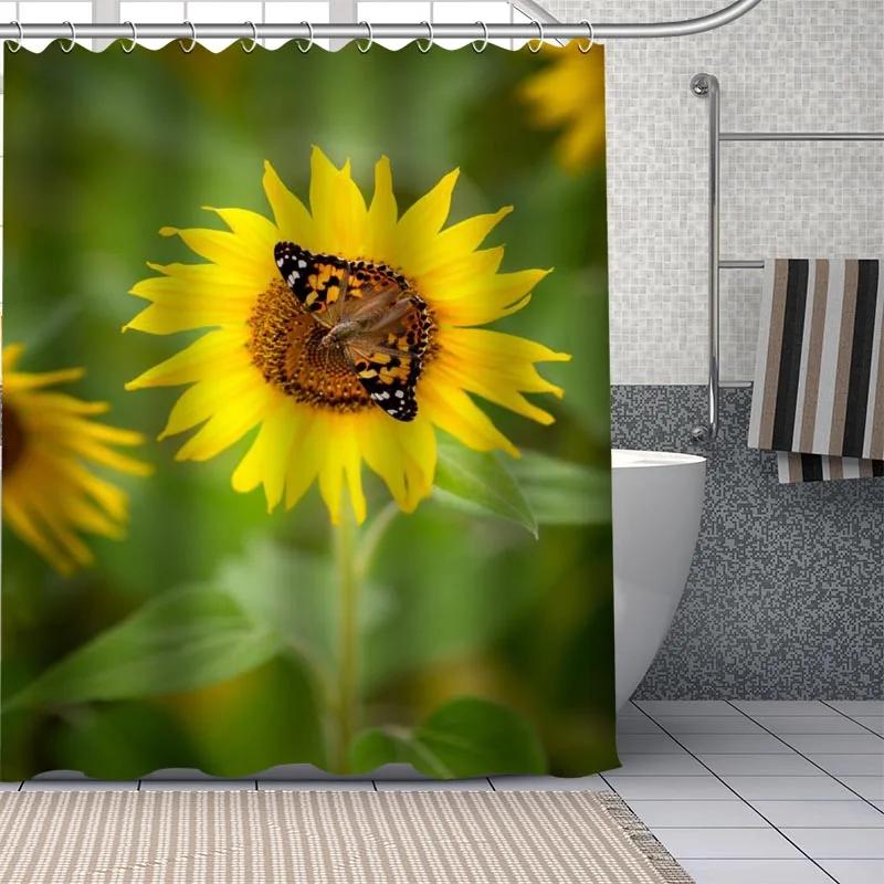 

Fresh Nature Sunflower Art Pattern Shower Curtain Bathroom Decoration Waterproof Polyester Fabric Bathtub Screen With Hooks W60H190(CM)-1 Pcs