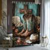 1pc Rustic Farmhouse Western Cowboy Boots & Hat Shower Curtain with Turquoise/Brown Western Design, Bath Curtain 70.8"x70.8", Ma