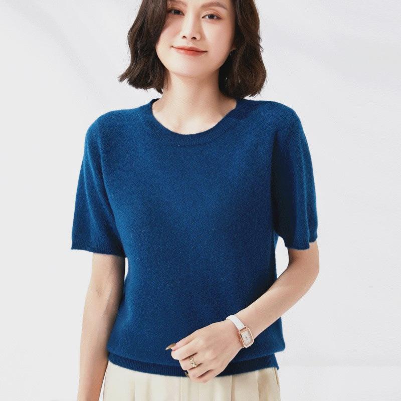 Vår och höst T-shirt stickad skjorta dam Kortärmad tröja med rund hals Stickad bottentröja Halvärmad tröja