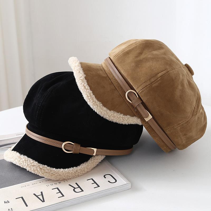 Winter Belt Buckle Decorative Suede Warm Octagonal Hat Women's Fashion Retro Cap Temperament Trendy Newsboy Hat