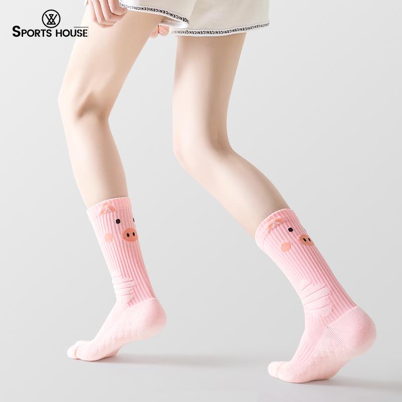 SPORT'S HOUSE Women's mid-tube sports socks Cartoon cartoon towel bottom non-slip outdoor mountain climbing riding tide socks