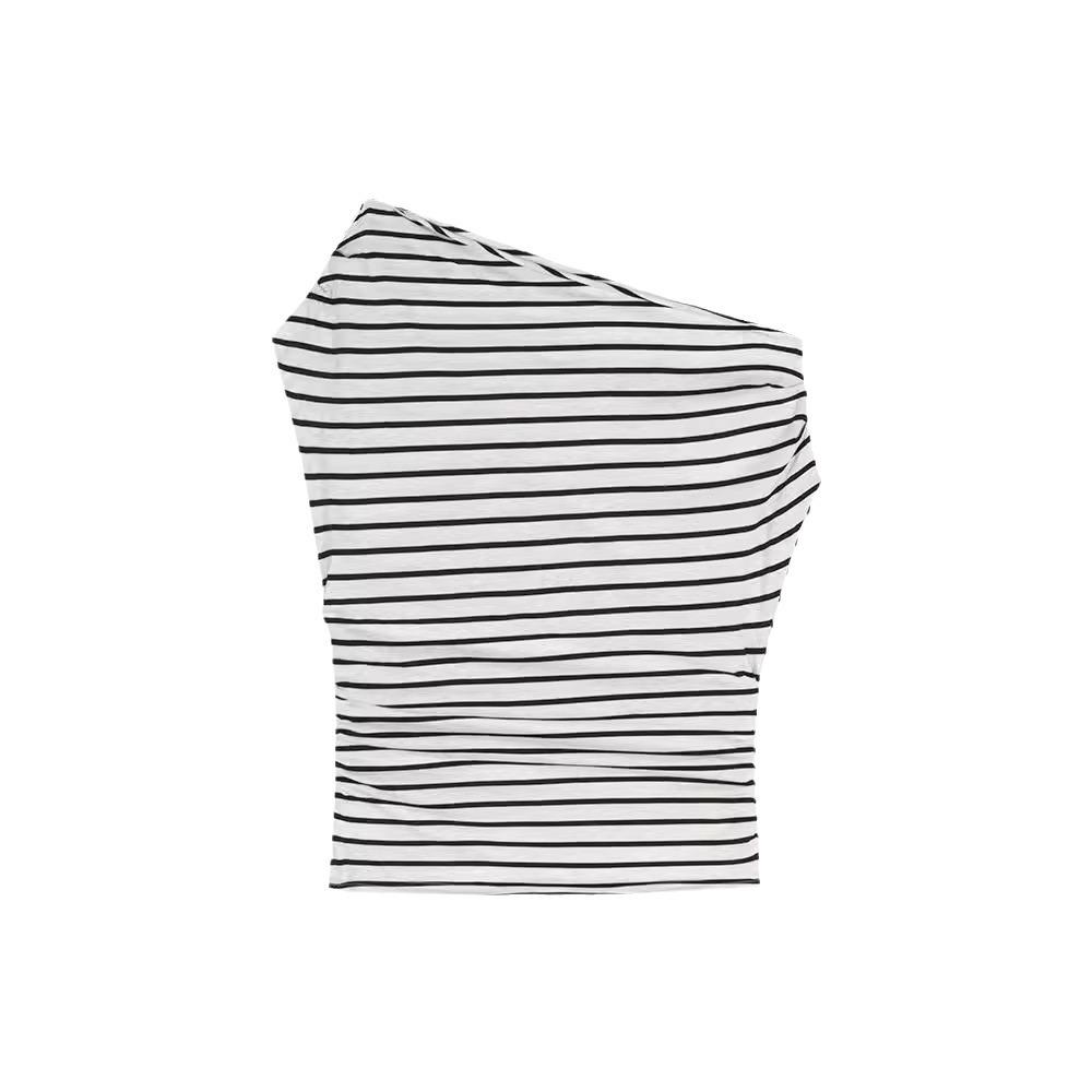 Vintage striped slanted shoulder summer slim and thin short-sleeved T-shirt design sense Spice girl casual fashion versatile top ins