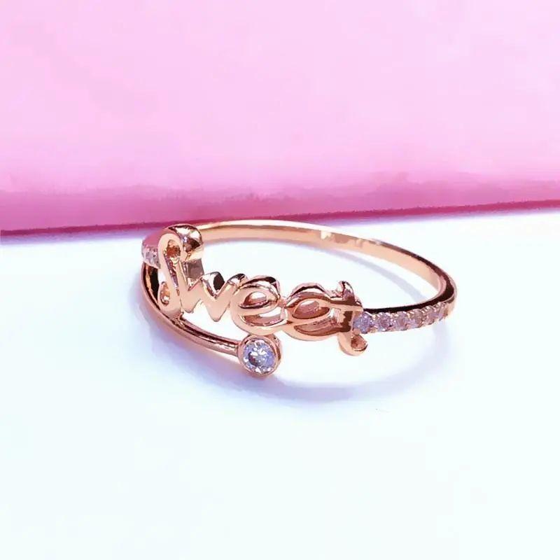 Purple Gold Color Gold Inlaid Zircon Letter Ring Simple Temperament Rose Gold Plated Live Ring Jewelry Women