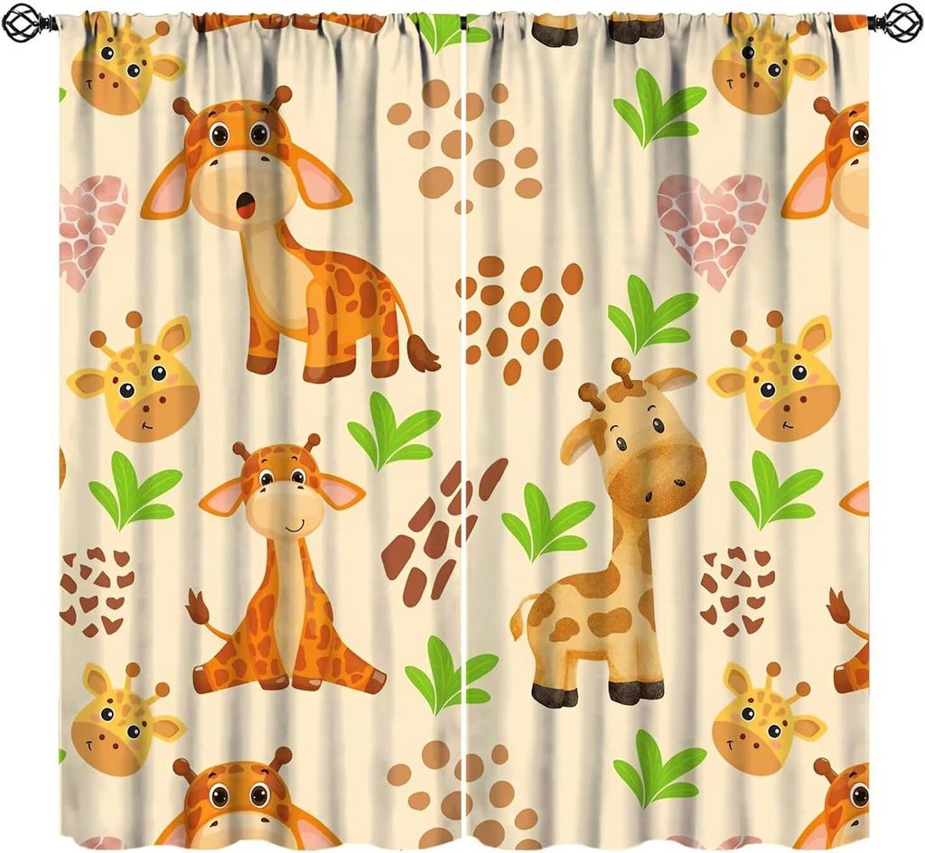 Kids Safari Animals Curtains Tropical Jungle Adventure African Lion Elephant Monkey Print Window Drapes Baby Curtain Polyester