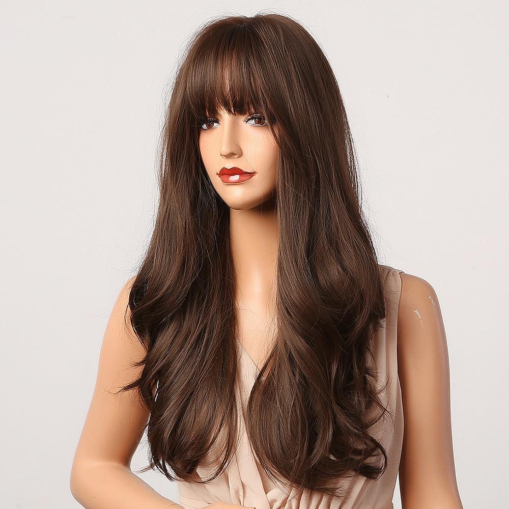 Dlouhé vlnité hnědé Ombre syntetické paruky s ofinou Cosplay Party paruky pro ženy Paruky z přírodního denního vlasu odolné vůči teplu