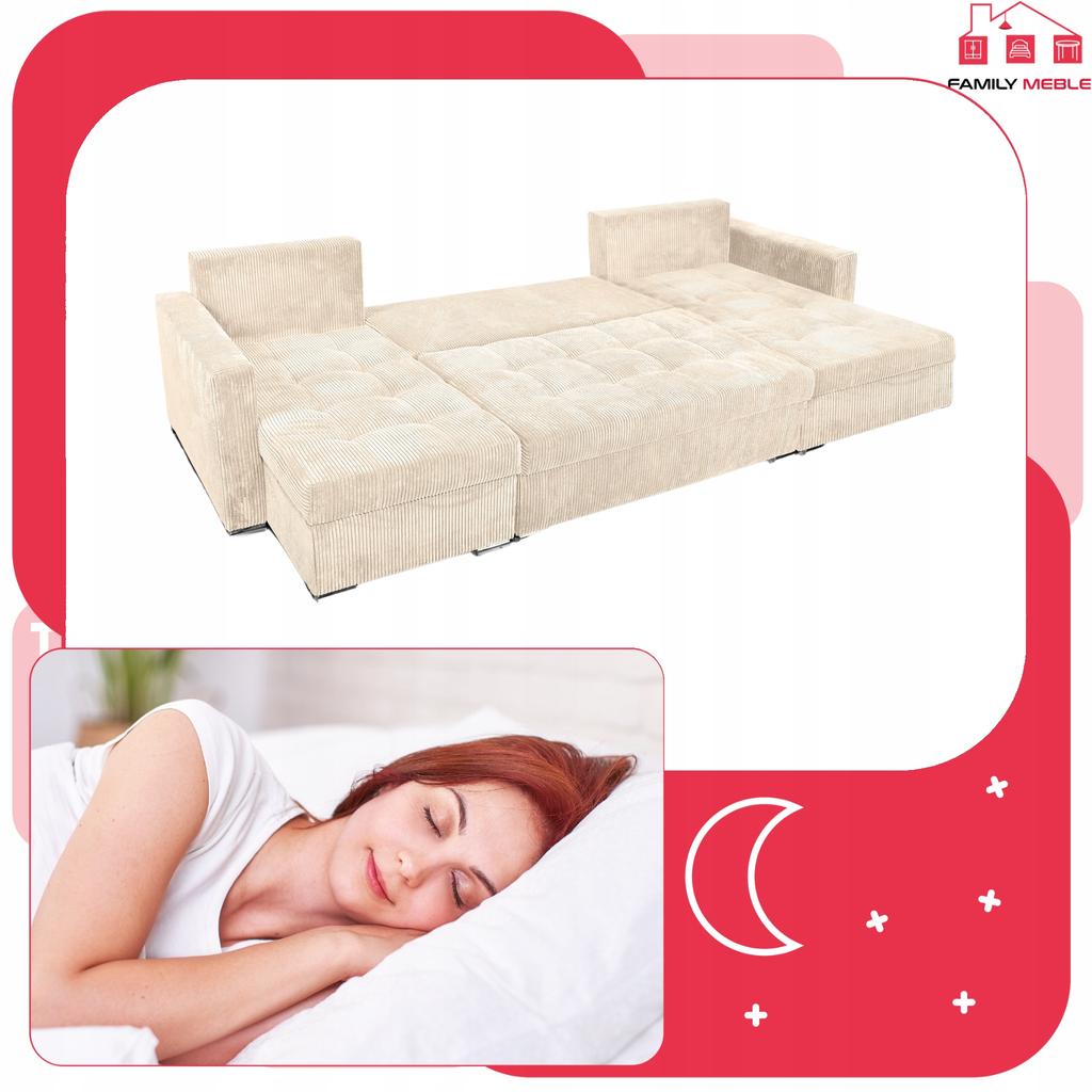Bonito BIG Corner Sofa Bed with Sleeping Function Family Meble Corduroy Beige