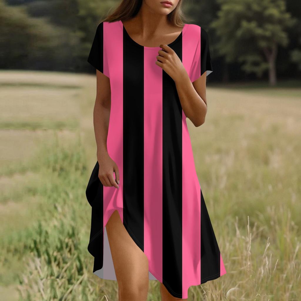 Women's Fashionable Casual V-neck Short-sleeved Tie Striped Print Dress