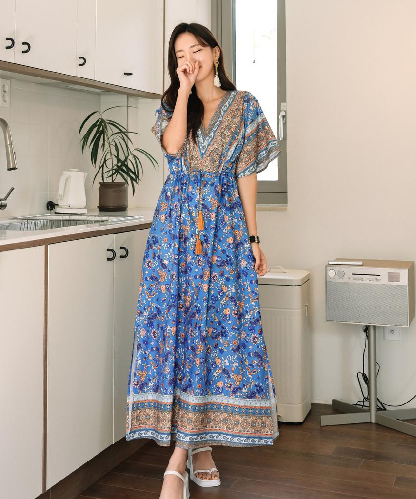 Helingbon V-Neck Short Sleeve Hippie Maxi Bohemian Plus Size Summer Long Beach Dress / Hg148W