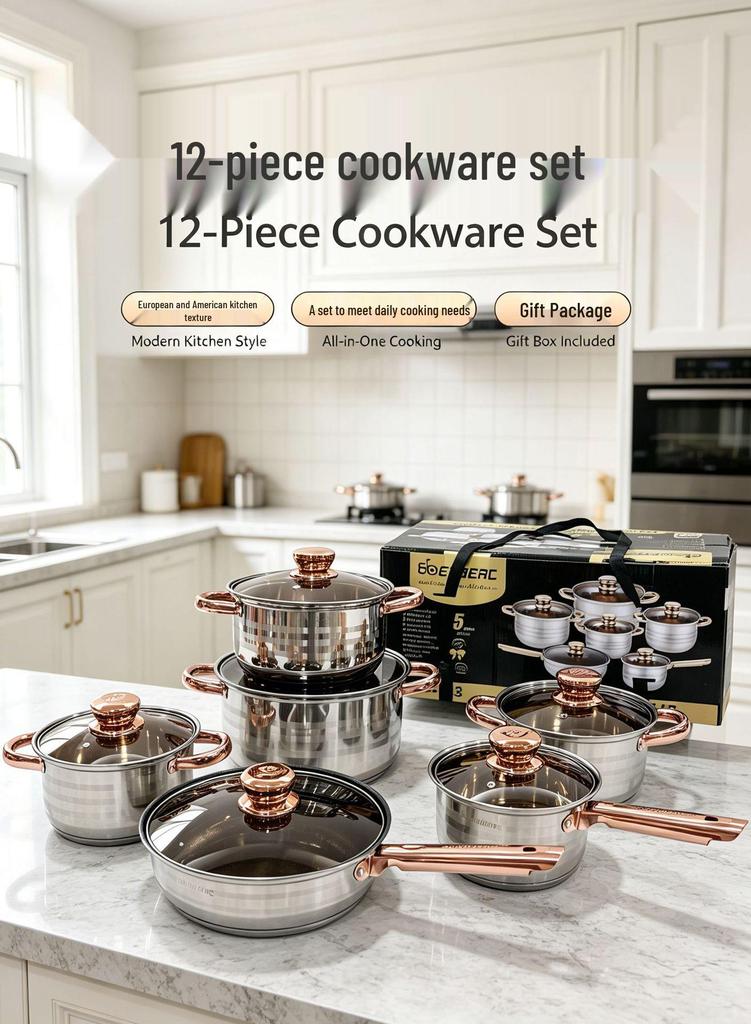 12-Piece Stainless Steel Cookware Set: Thickened Stockpot, Non-stick Frying Pan, Hot Pot, and Special Pot