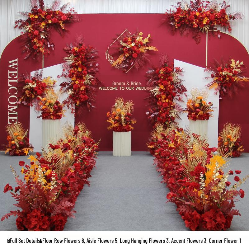 Red Theme Wedding Decoration Set: T-stage, Welcome Area, Ground Row, Aisle, and Flowers in Chinese Style.