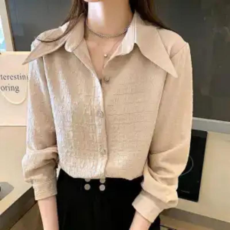 Women's White Textured Shirt Oversized Collar Long-Sleeve Elegant Casual Blouse