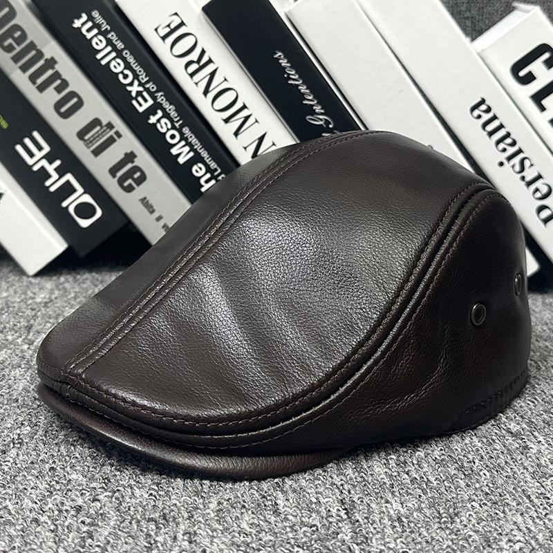 

Wuaumx High Quality Genuine Cow Leather Berets For Men Winter Beret Hats With Ear flap Cowskin Duckbill Cap Warm Russian Hats L 55TO56CM