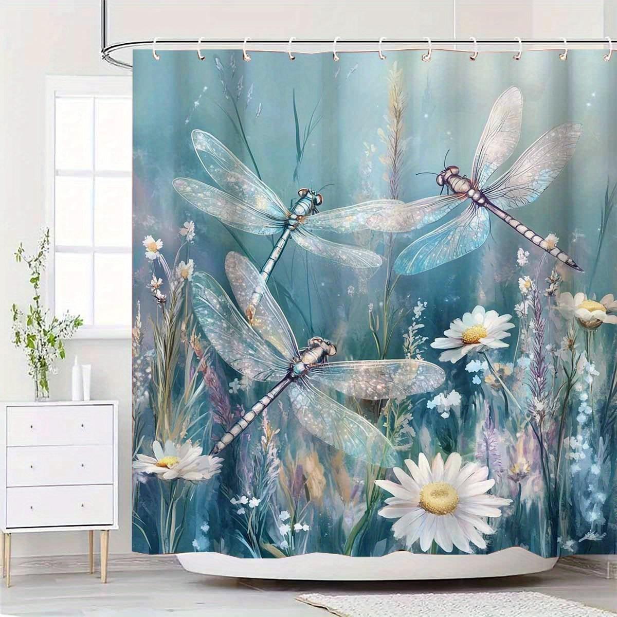 

1Pc Elegant Dragonfly & Daisy Shower Curtain - Forest Theme, Waterproof Polyester, 12 Hooks, Machine Washable, All-Season Use W60H190(CM)-1 Pcs