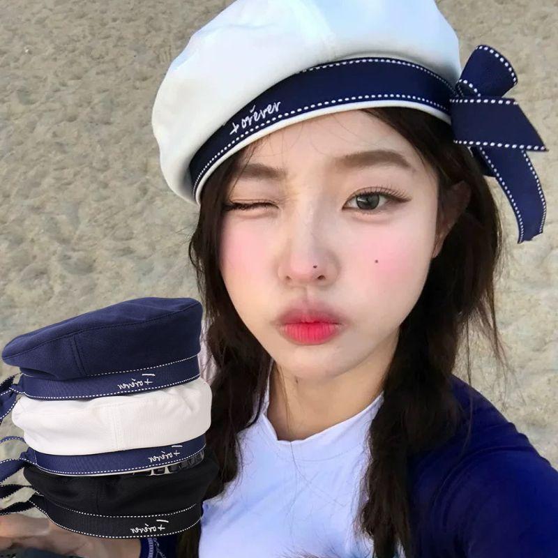 Letter Embroidery Sailor Hat Japanese School Style White Uniform Beret Hat Ribbon Octagonal Cap Sweet Bowknot Tie Uniform Hat