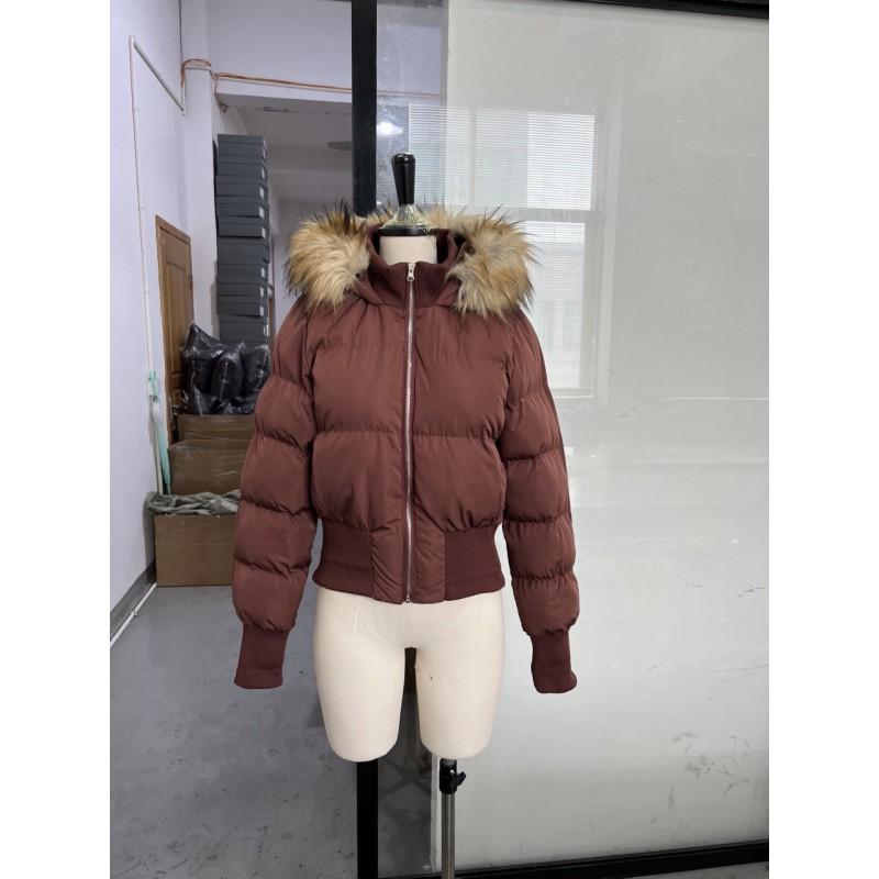 Womens Hooded Zip Cotton Jacket With Faux Fur Trim Street Style Solid Color Casual Winter Coat
