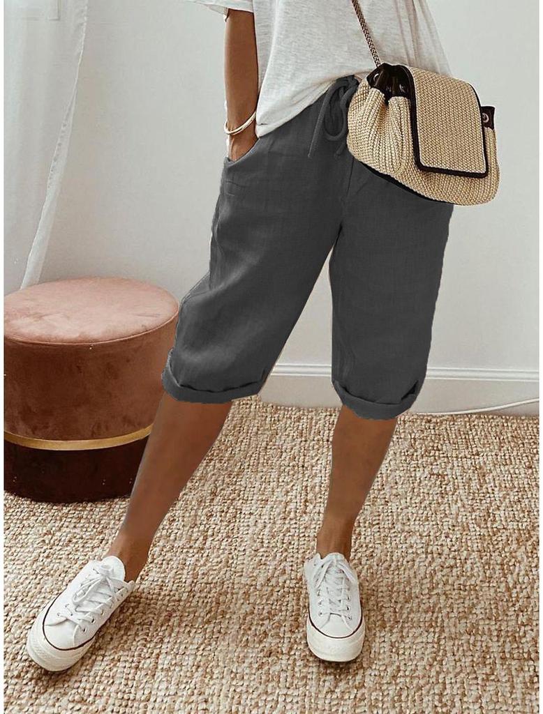 Pantaloni scurți casual din amestec de bumbac și in cu talie elastică și buzunare