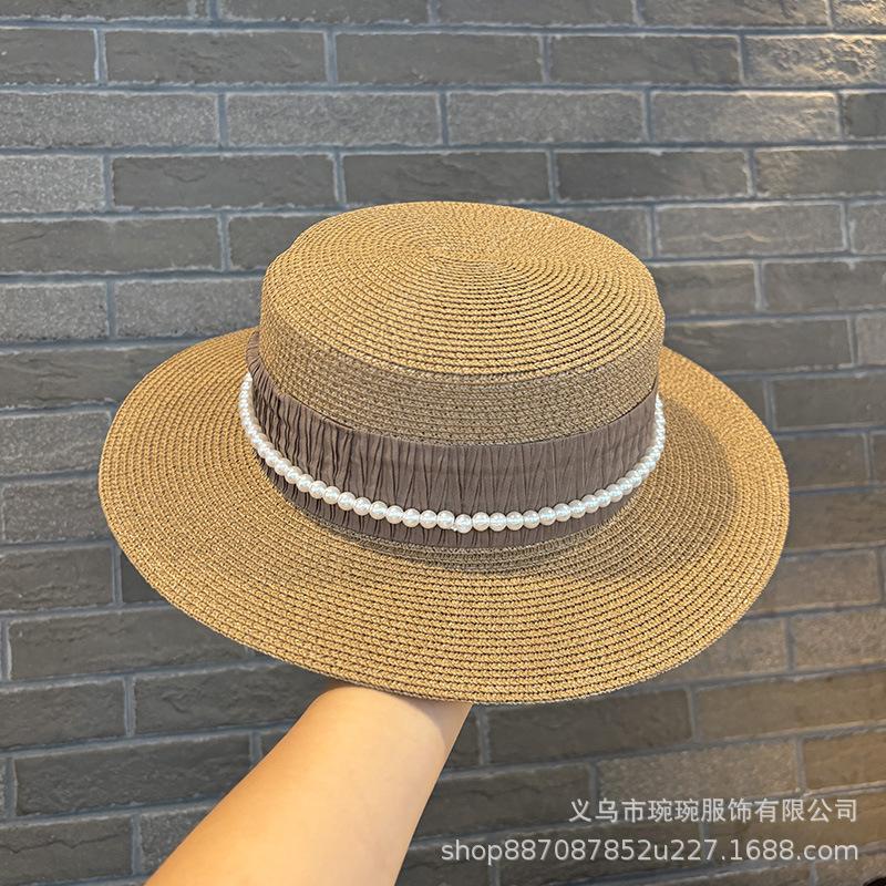 French Pearl Chain Flat Top Straw Hat Women's Sunshade Summer Straw Weaving Flat Edge Travel Vacation Seaside Beach Sun Protection Hat