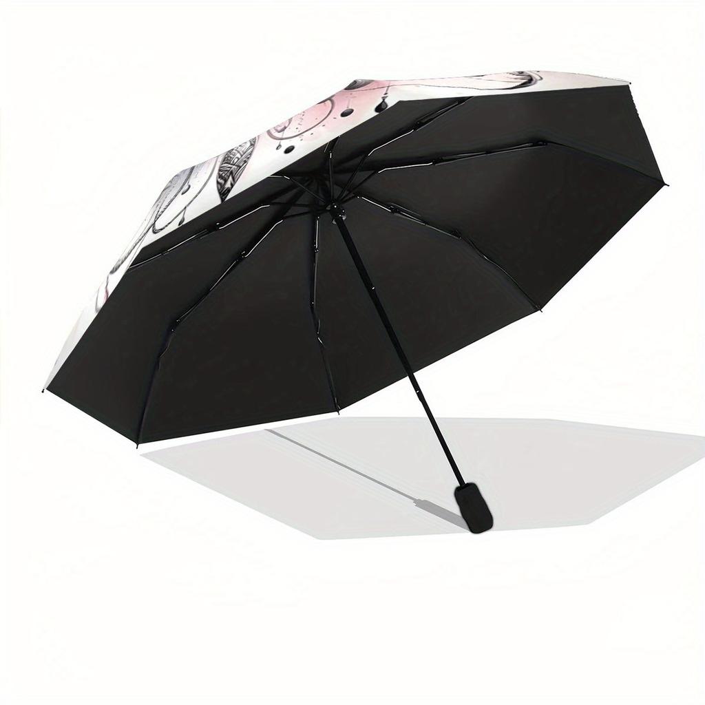 Automatic Folding Umbrella The Umbrella Features an Artistic Design of Large and Gray Feathers. Portable Collapsible Design,