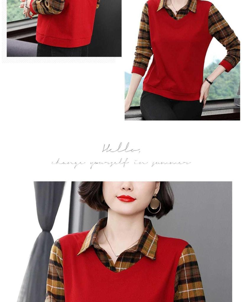 Women's Versatile Plaid Spliced Long-Sleeve T-Shirt