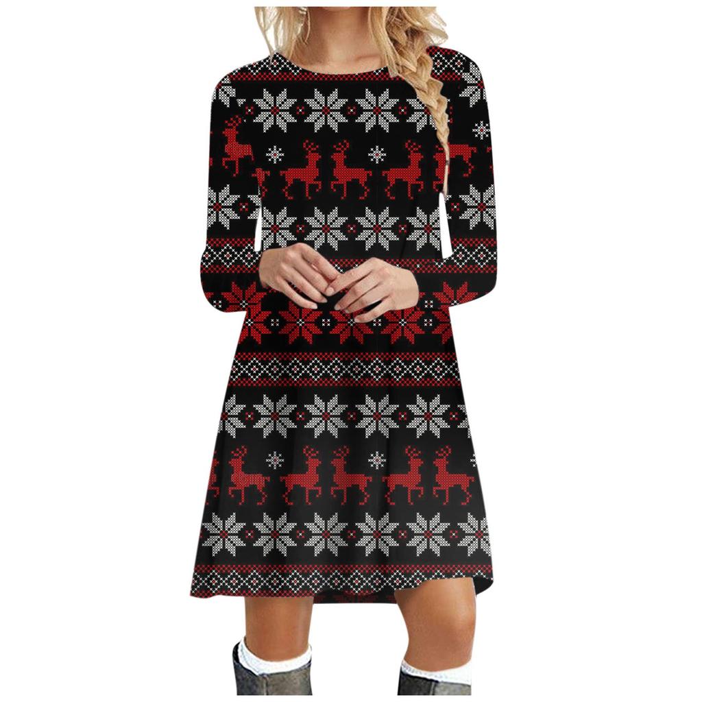 Women's  And Winter Round Neck Long Sleeve Christmas Print Dress
