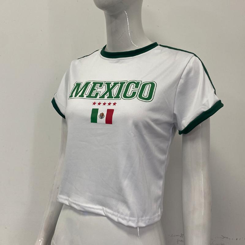 T-shirt pullover estiva europea e americana con stampa di lettere, ombelico scoperto, scollo rotondo sexy