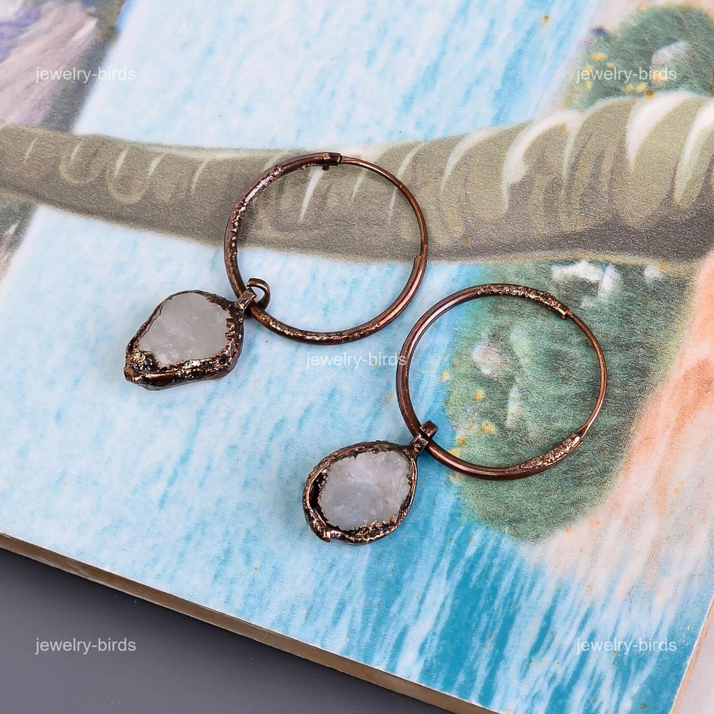 Rainbow Moonstone Gemstone Copper Dangle Birthday Electroformed Earrings Jewelry V-110