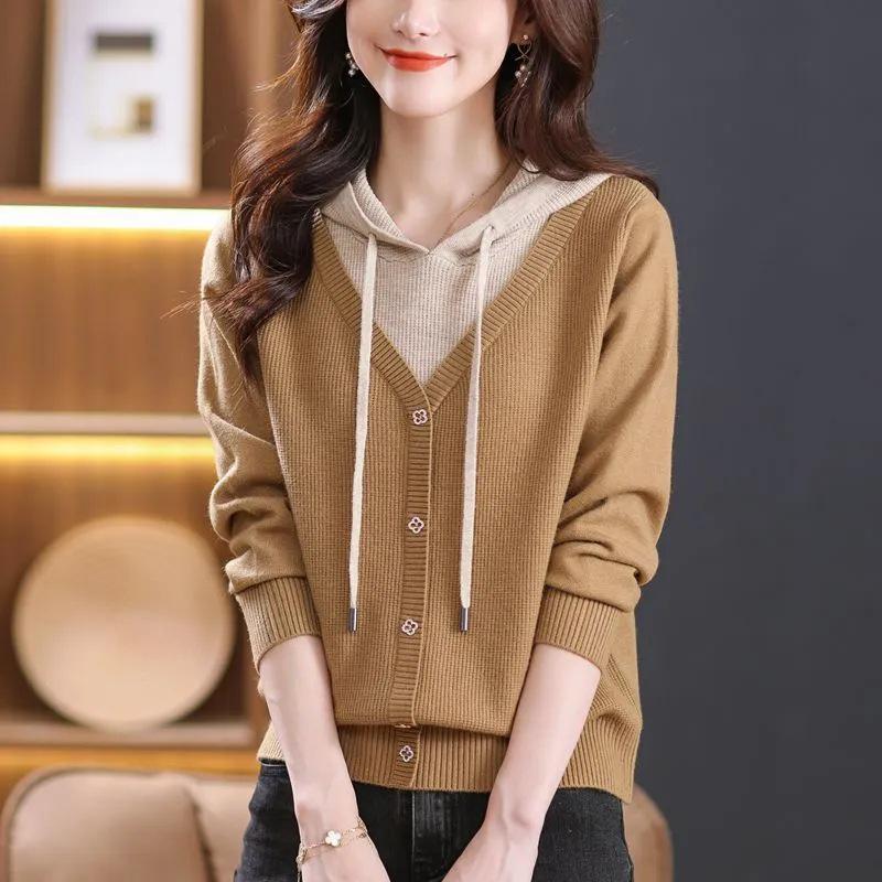 Women's Loose Knit Hooded Sweater for Spring & Autumn 2025 - Trendy Two-Piece Layered Look