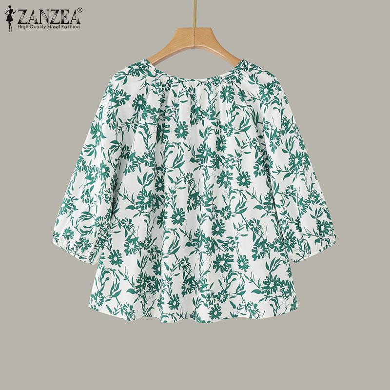 ZANZEA Women Summer Floral Print U Neck Lantern 3/4 Sleeve Blouses