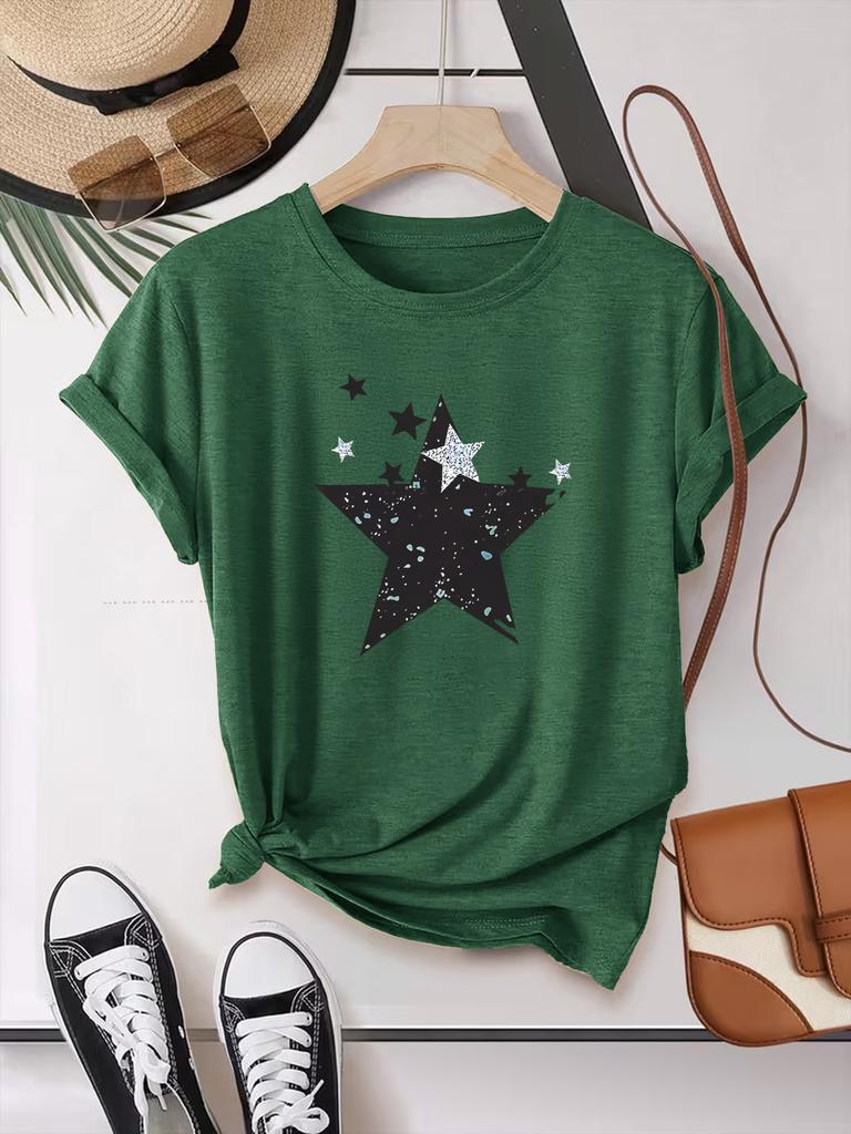 Summer Short-sleeved Star-shaped Printed Fashionable Street All-match Casual Sports Top Round Neck