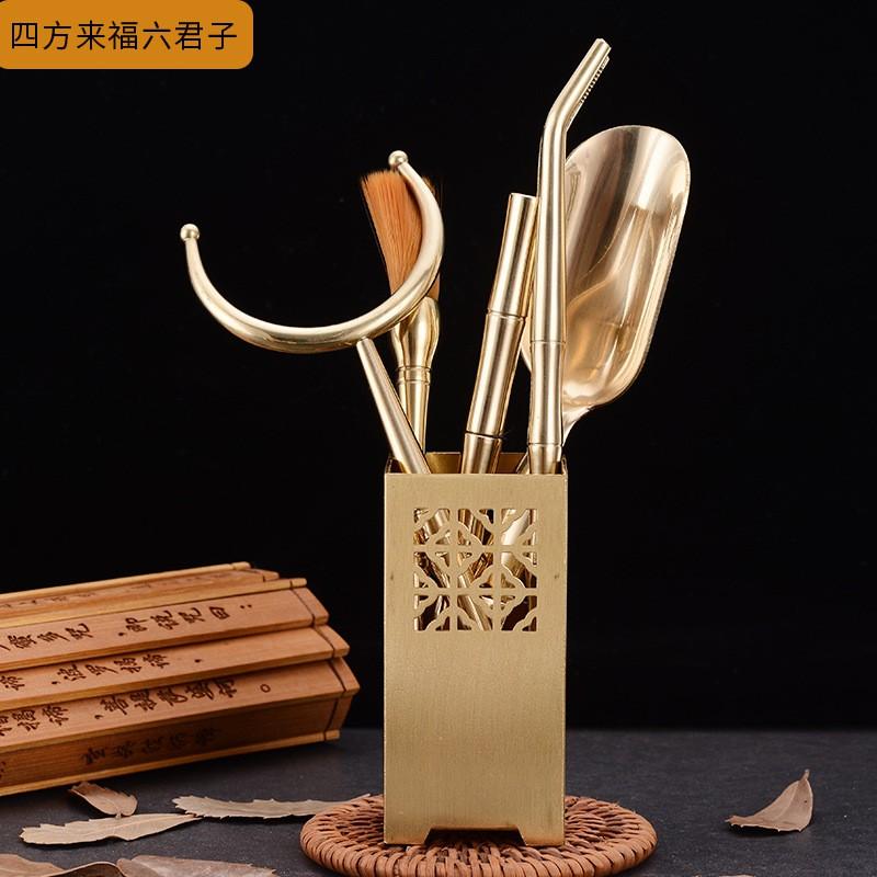 Brass Tea Ceremony Six Tools Set - Tongs Scoop Needle Brush Fork Holder Gongfu Making