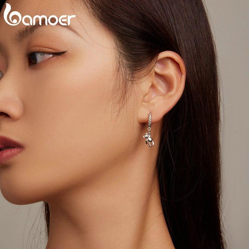 Bamoer 925 Sterling Silver Braided Texture Twisted Ear Buckles Silver Bear Drop Earrings for Women Christmas Gift Jewelry