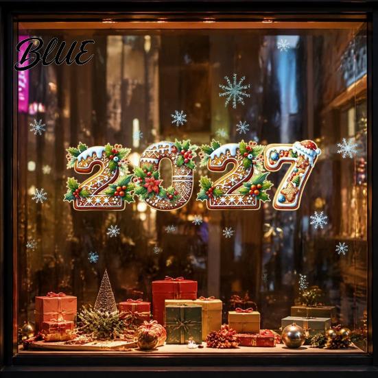Storefront Holiday Decorations 2027 Gingerbread Christmas Static Window Clings Xmas New Year Decals with Winter Seasonal Glass Film Santa Snowman