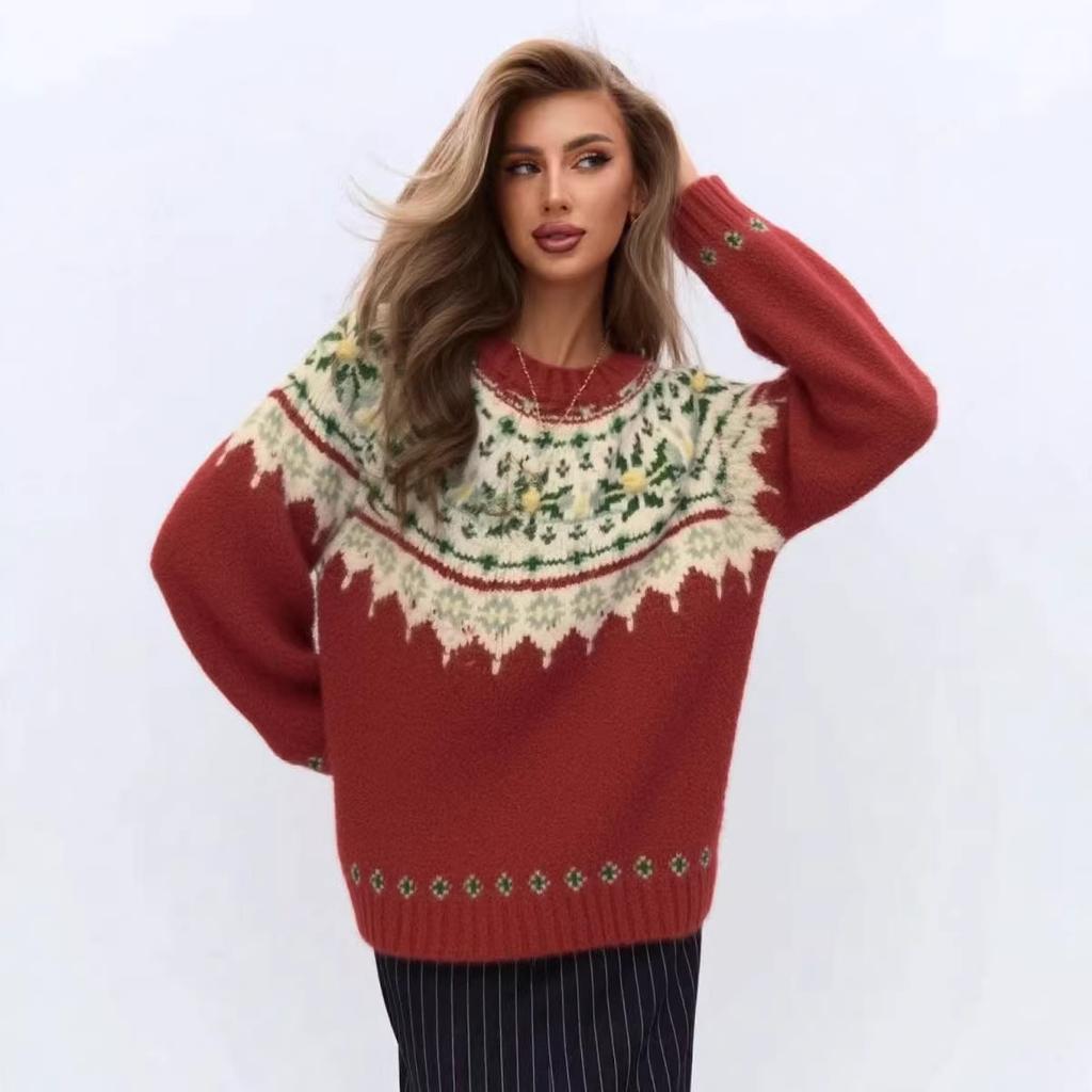 Fair Island sweater women's red jacquard long-sleeved sweater loose lazy style retro knitted sweater top trendy