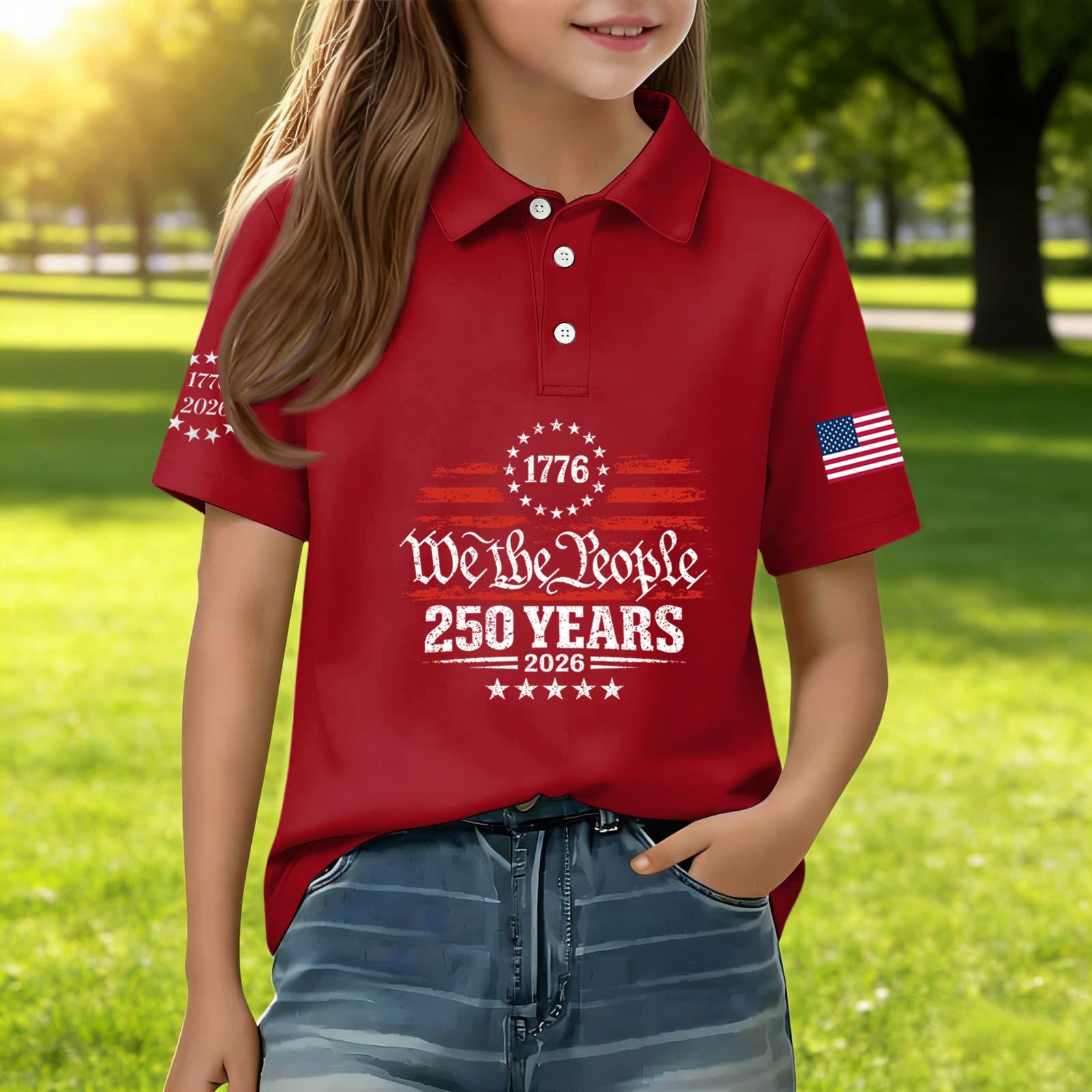 

Kids Casual Short Sleeve Polo Shirt Independence Day Print 250 Years Anniversary Graphic Tee Comfortable Fit 140