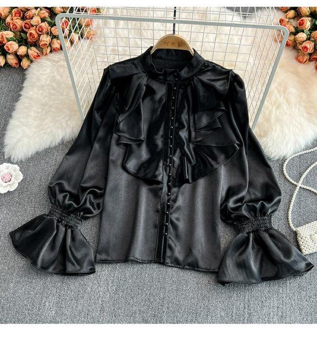 Vintage Solid Blouses Women Elegant Acetate Satin Stand Collar Flare Sleeve Design New Chic Sweet Loose Ruffles Female  Tops