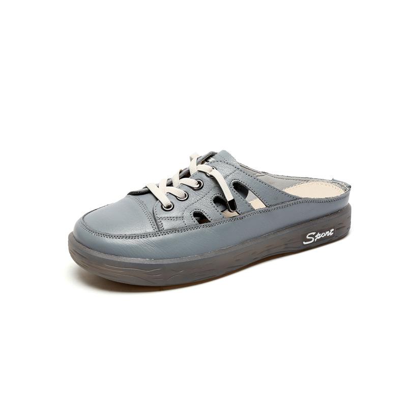 

2025 autumn new bag head half slippers women s leather outer wear flat bottom casual hollow fashion pregnant women lazy sandals 40 светло-серый