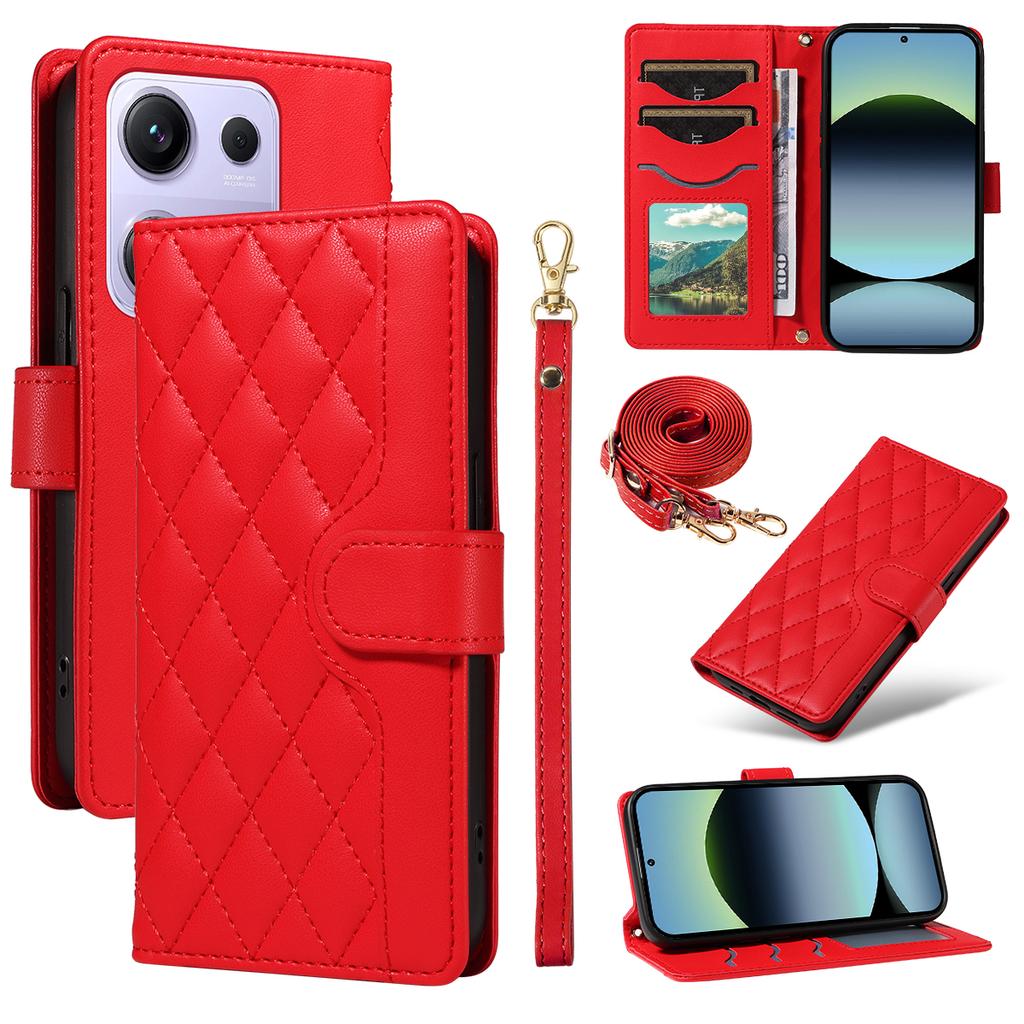 For Xiaomi Redmi Note 14S 4G/Xiaomi Poco M6 Pro 4G/Xiaomi Redmi Note 13 Pro 4G Wallet Case Rhombus Leather Phone Cover with Strap