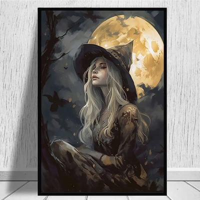 Crow Witch Ghost Halloween Background Poster And Print Gothic Dark Academia Canvas Painting Wall Art Picture for Room Home Decor No Frame