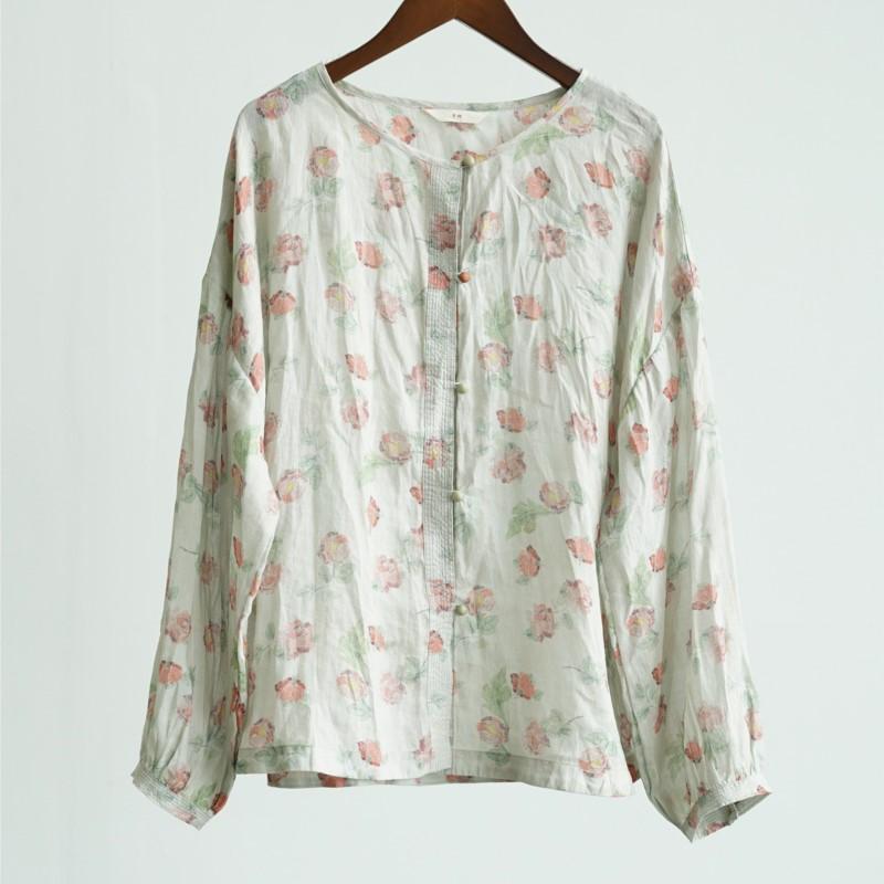 

Johnature Women Vintage Shirts Tops O-Neck Long Sleeve Blouses Spring Chinese Style Button Shirts One Size