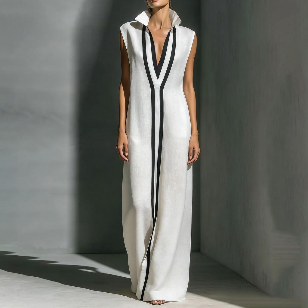 Sleeveless Maxi Dress with V Neck and Contrasting Trim Long Length Relaxed Fit for Casual or Formal Occasions