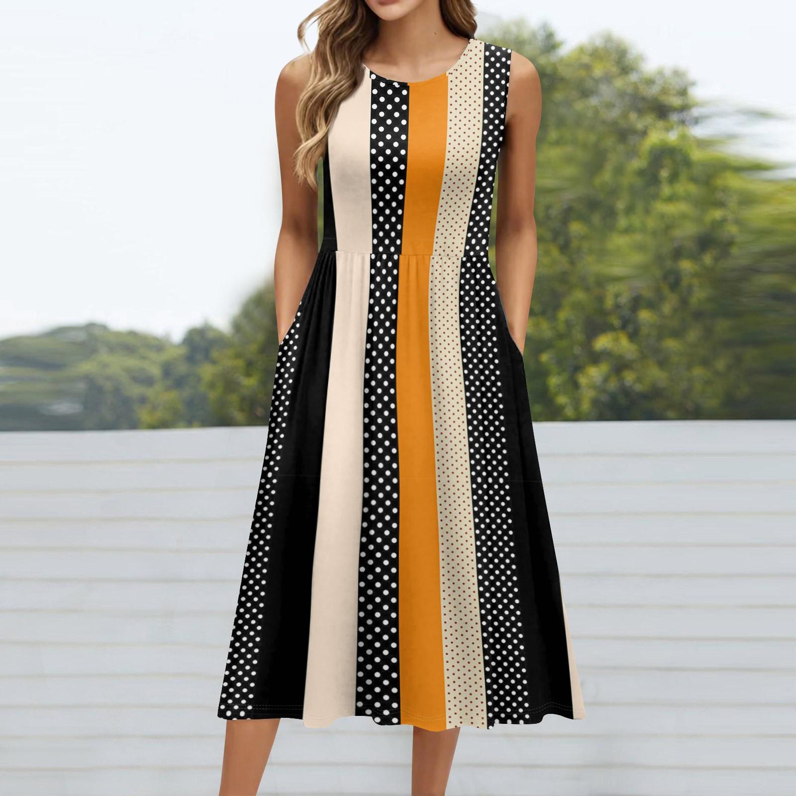 

Женское модное ретро-платье с цветочным принтом, круглым вырезом, без рукавов, повседневным свитером и карманом средней длины XL хаки