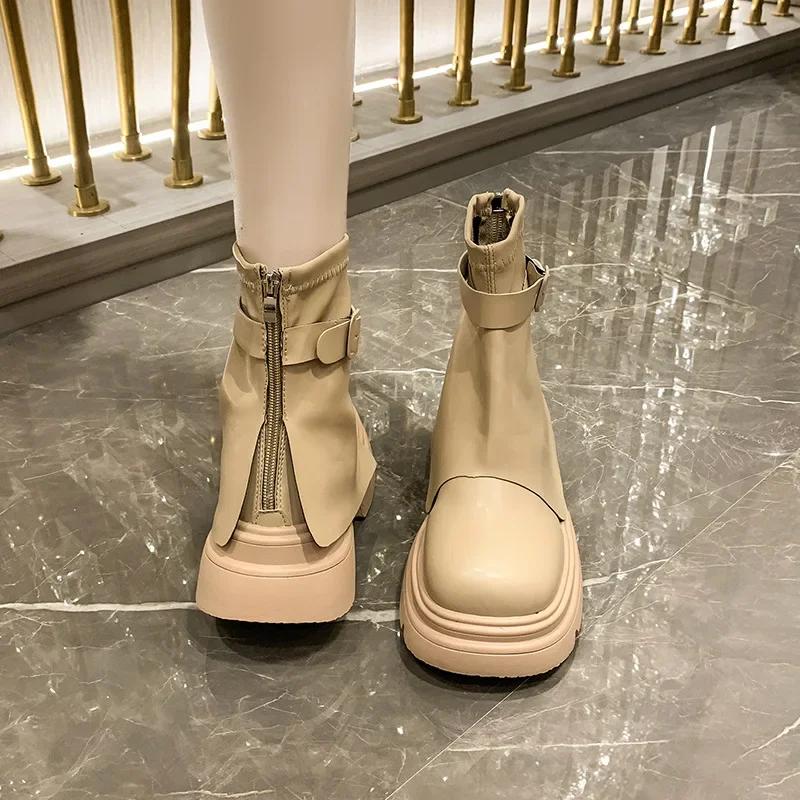 fashion Belt Buckle Punk Boots Women New  Fashion Back Zippers Ankle Boots Female Thick Sole Elevated Booties High Platform Shoes 2024